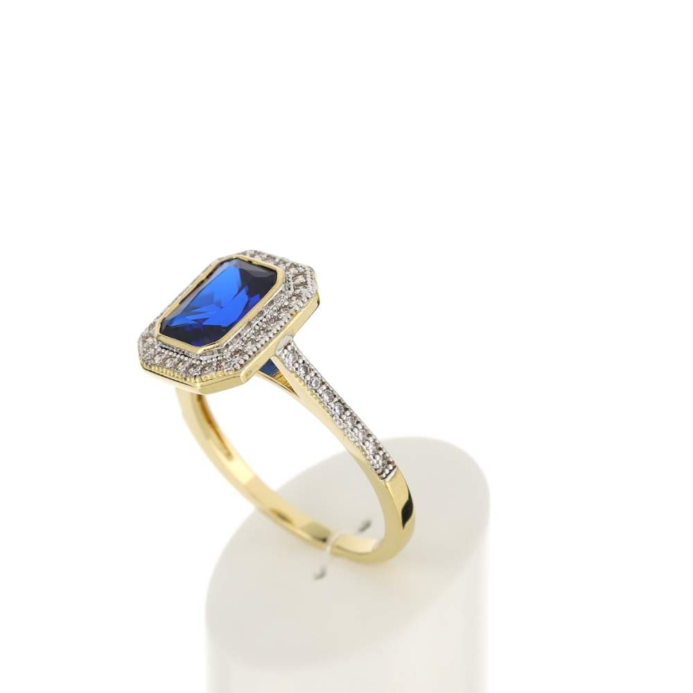 Bague plaqué or rectangulaire pierre imitation bleue et zirconias - vue 4