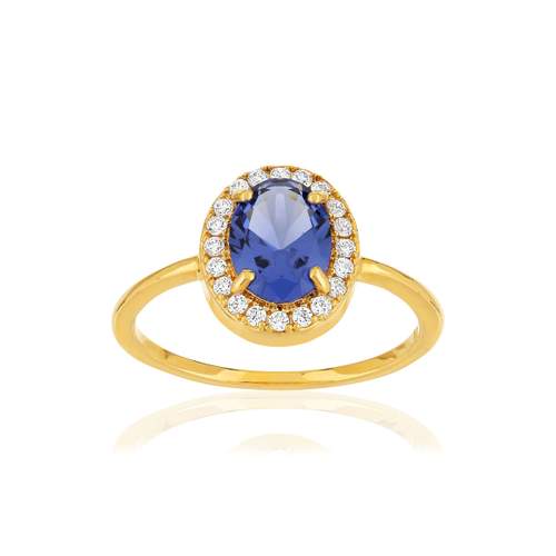 Bague plaqué or ovale pierre imitation bleue et zirconias