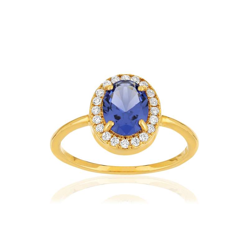 Bague plaqué or ovale pierre imitation bleue et zirconias - vue 1