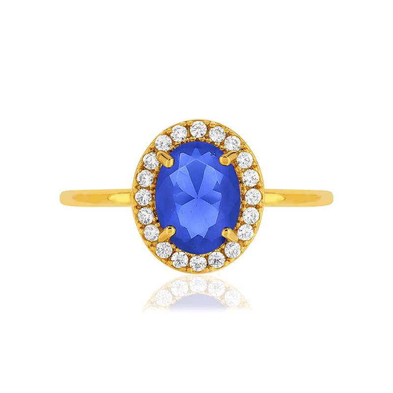 Bague plaqué or ovale pierre imitation bleue et zirconias - vue 3