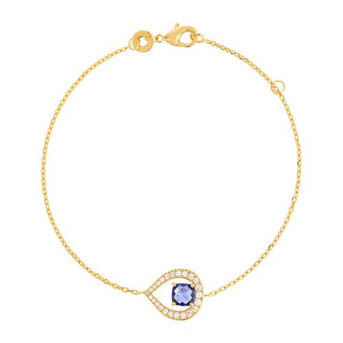 Vergulde armband met druppelvormige imitatie-steen in blauw en zirkonia’s, 18 cm