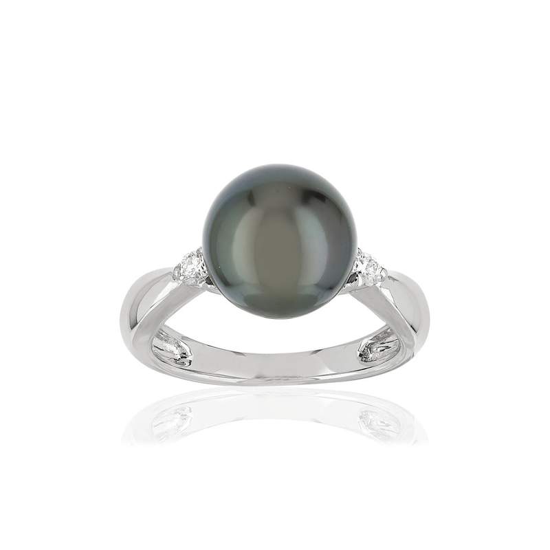 Bague or 750 blanc perle de culture de Tahiti et diamants - vue 1