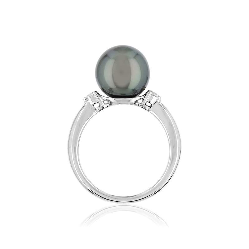 Bague or 750 blanc perle de culture de Tahiti et diamants - vue 2