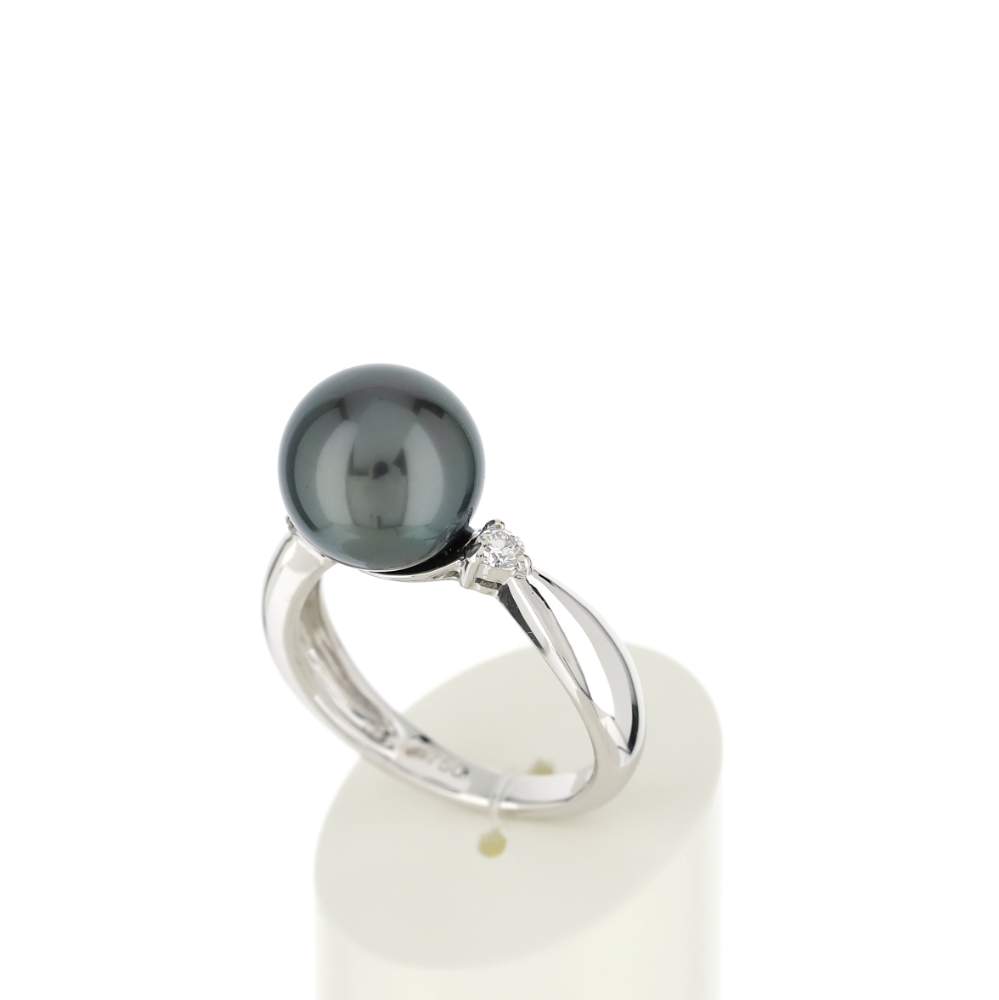 Bague or 750 blanc perle de culture de Tahiti et diamants - vue 3