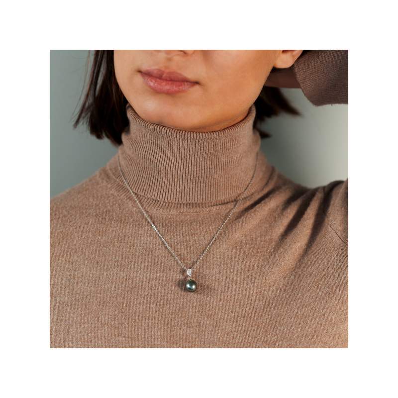 Collier argent 925 perle de culture de Tahiti zirconias 45cm - vue porté 1
