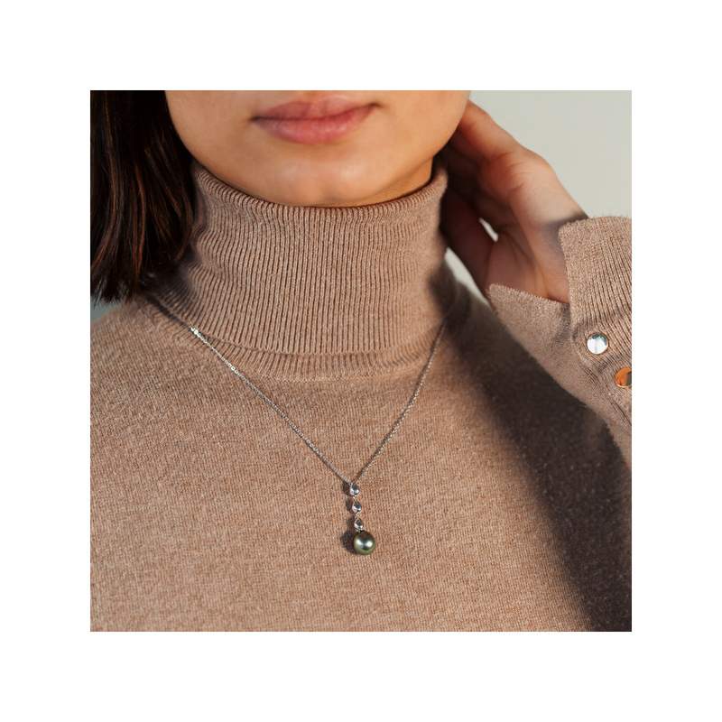 Collier argent 925 perle de culture de Tahiti 45 cm - vue porté 1