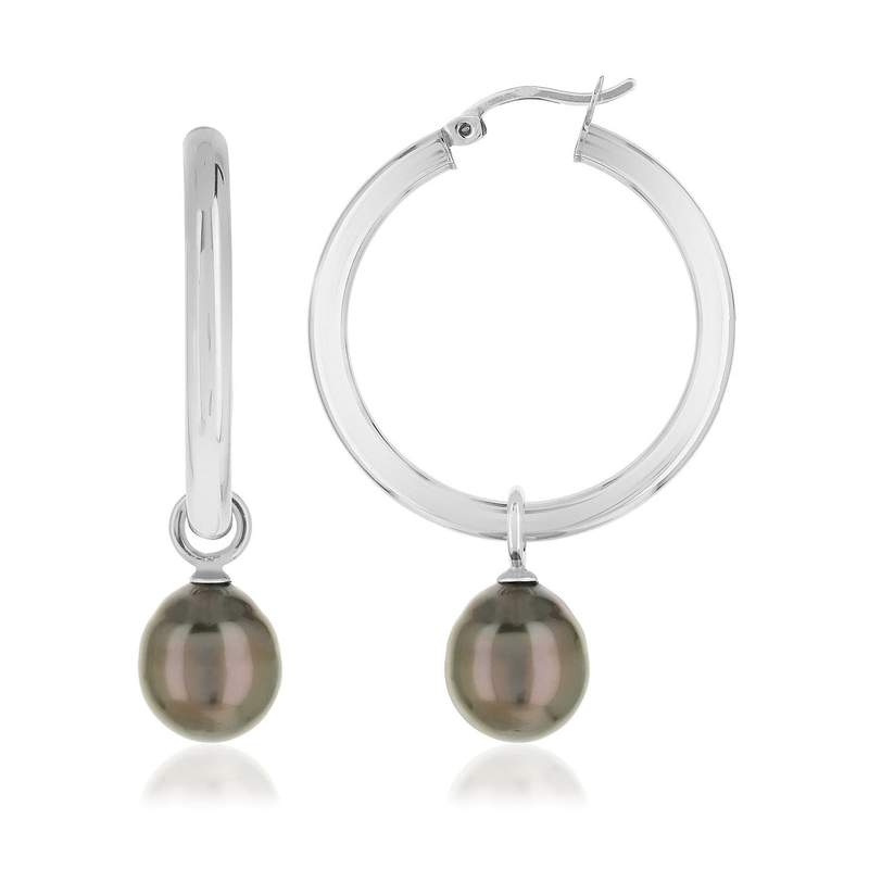 Créoles argent 925 perles de culture de Tahiti 30 mm - vue 1