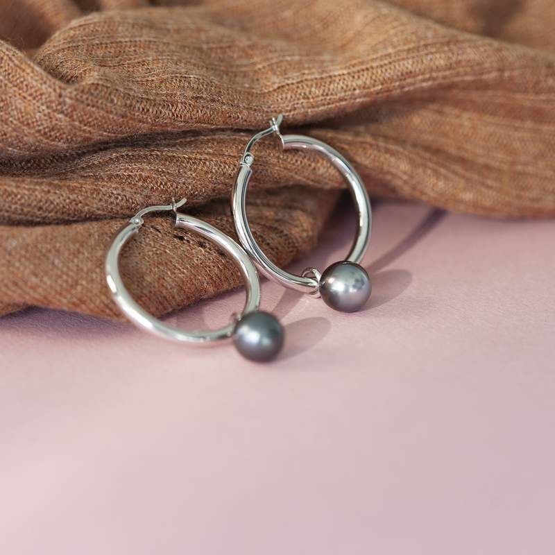 Créoles argent 925 perles de culture de Tahiti 30 mm - vue D3