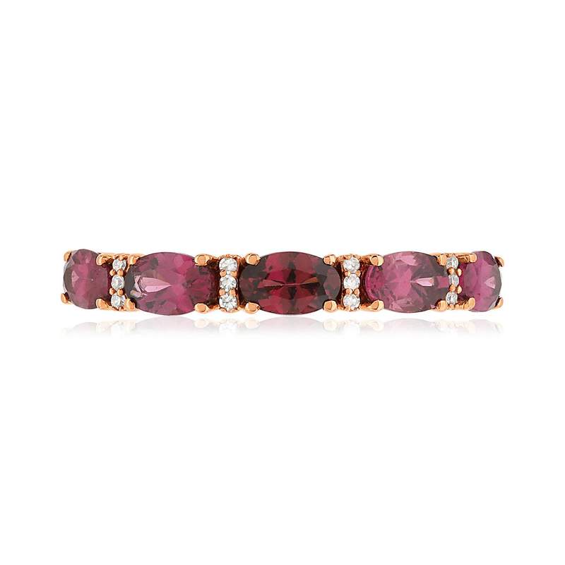 Bague or 375 rose grenats rhodolites ovales et diamants - vue 3
