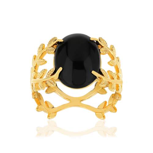 Bague plaqué or feuillage agate noire ovale