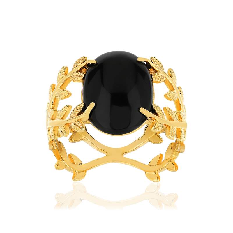 Bague plaqué or feuillage agate noire ovale - vue 1
