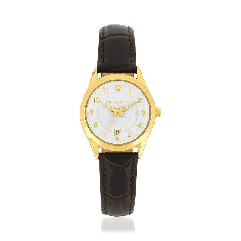Montre femme dorée bracelet cuir marron - vue 1