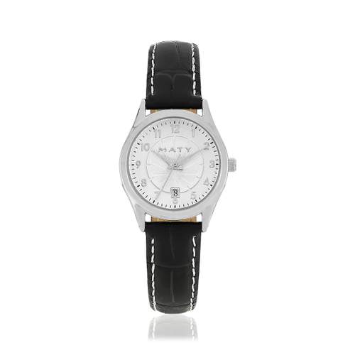 Montre femme chromée bracelet cuir noir