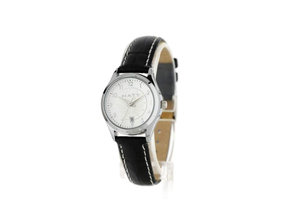 Montre femme chromée bracelet cuir noir - vue 2