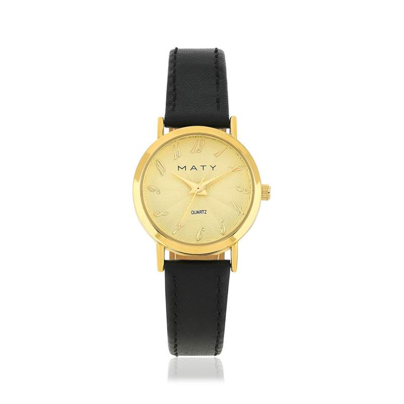 Montre femme dorée bracelet cuir noir - vue 1