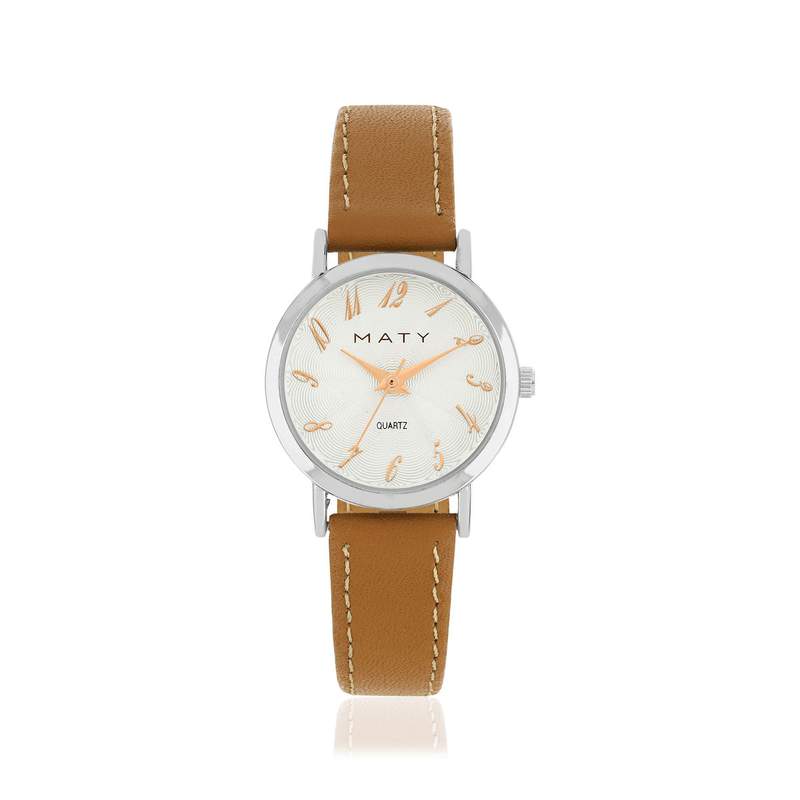 Montre femme chromée bracelet cuir marron - vue 1