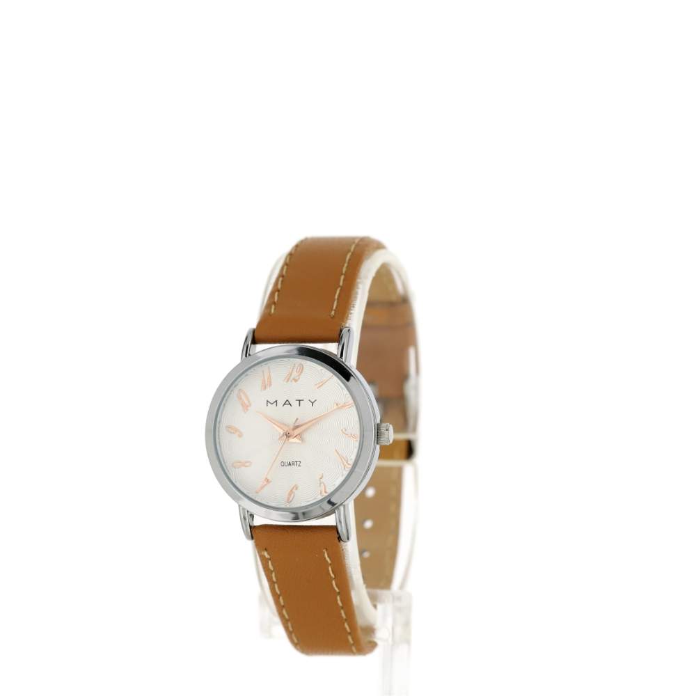 Montre femme chromée bracelet cuir marron - vue 2