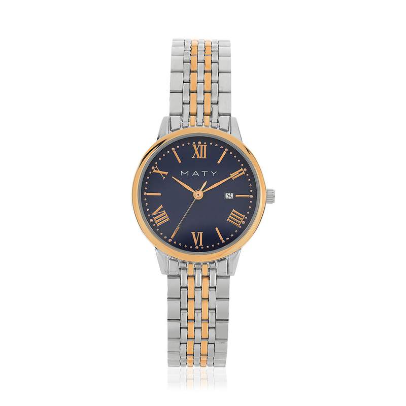 Montre femme chromée bracelet bicolore métal et doré rose - vue 1