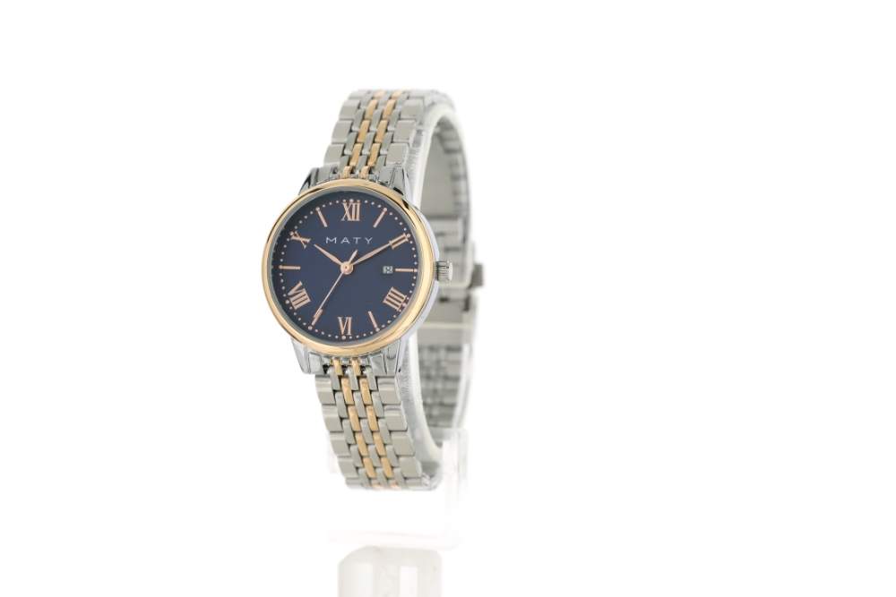 Montre femme chromée bracelet bicolore métal et doré rose - vue 2