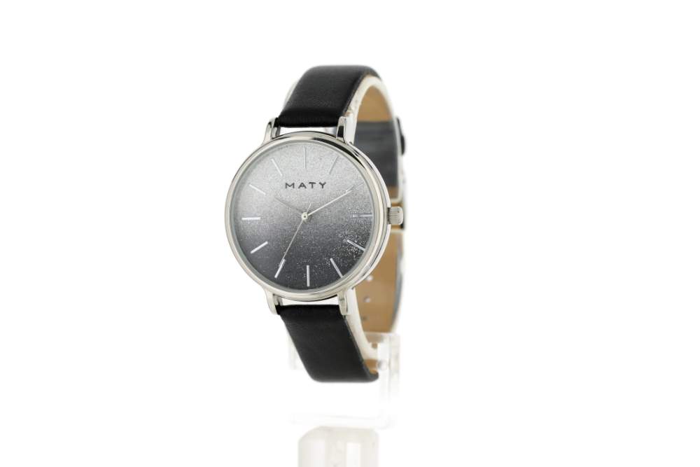 Montre MATY chromée bracelet synthétique noir - vue 2