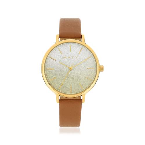 Women's gold watch with brown synthetic bracelet