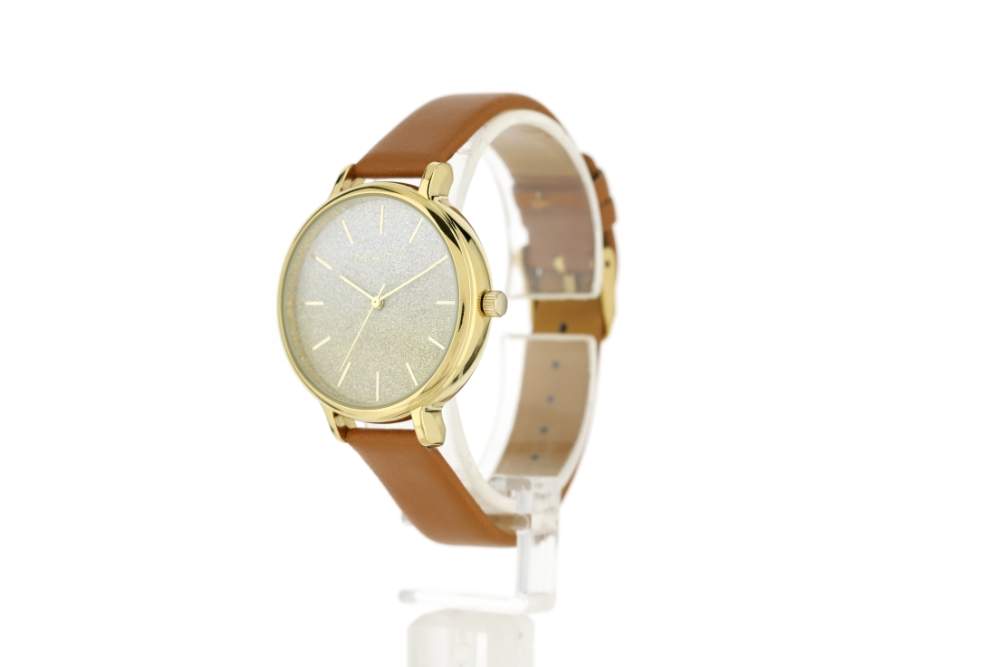 Montre femme dorée bracelet synthétique marron - vue 3