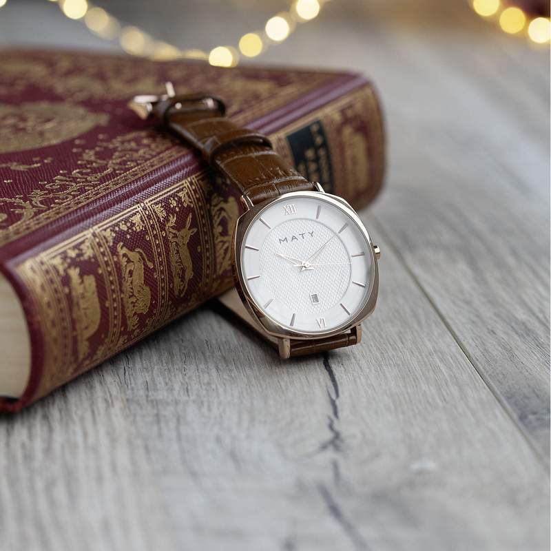 Montre MATY dorée rose cuir marron - vue D3