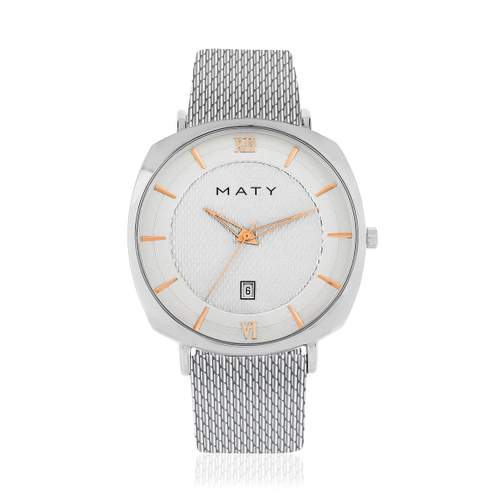 Men's chrome-plated steel Milanese link bracelet watch