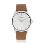 Montre homme chromée bracelet cuir marron - vue 1