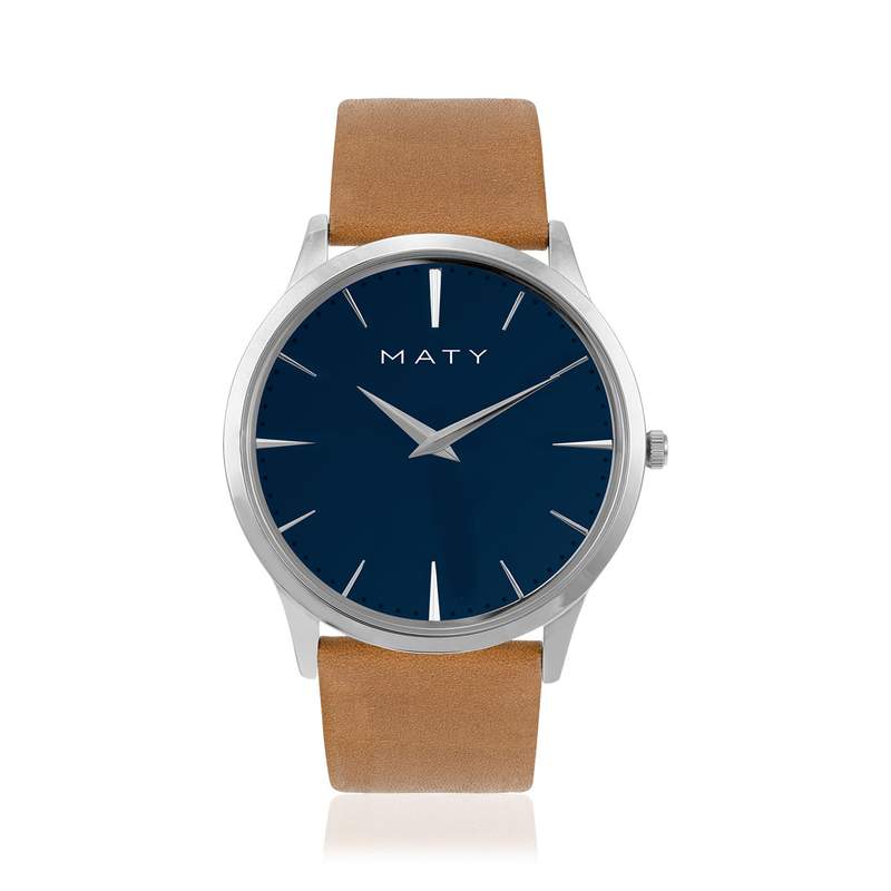 Montre homme chromée bracelet cuir marron - vue 1