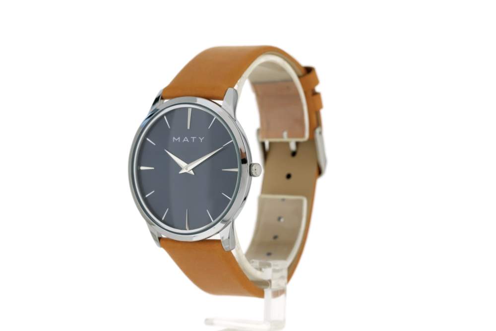 Montre homme chromée bracelet cuir marron - vue 3