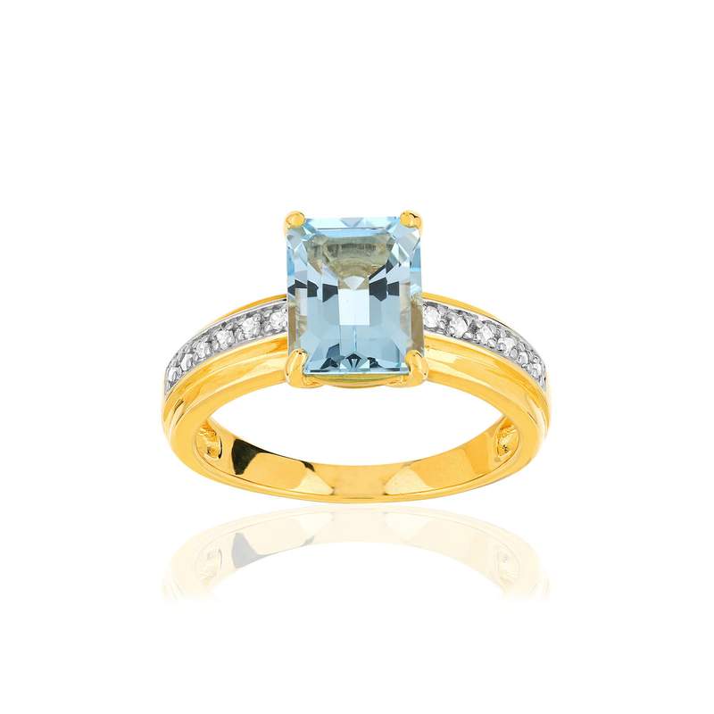 Bague 2 ors 375 topaze bleue rectangulaire et diamants - vue 1