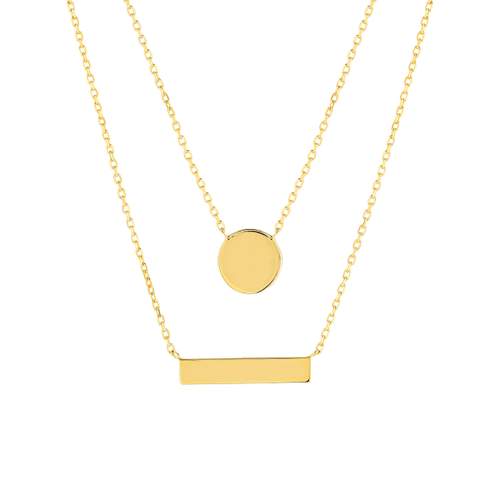 Collier plaqué or double rang médailles ronde et rectangle 45 cm