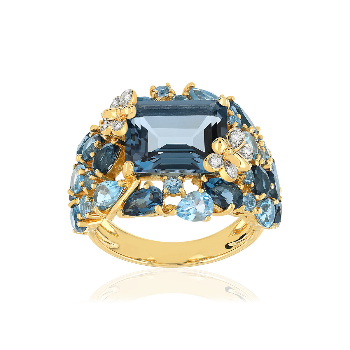 750 geelgouden ring met vlinders, London Blue en Swiss Blue behandelde topaas en diamanten