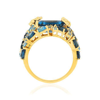 750 yellow gold ring with London Blue and Swiss Blue treated topaz butterflies and diamonds