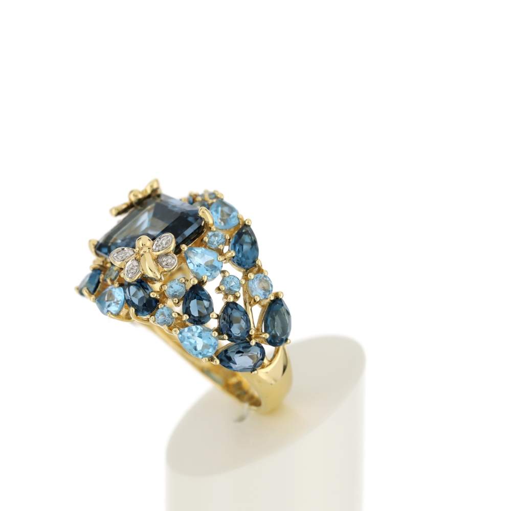 Bague or jaune 750 papillons topazes traitées London Blue et Swiss Blue et diamants - vue 5
