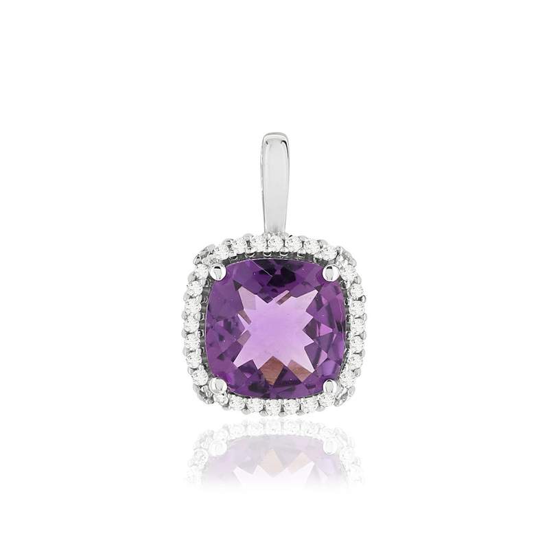 Pendentif or blanc 375 amethyste carrée et diamants - vue 1