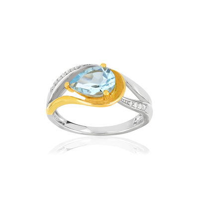 Ring van 2 soorten 375 goud met een behandelde blauwe topaas in peervorm en diamanten - afbeelding 1