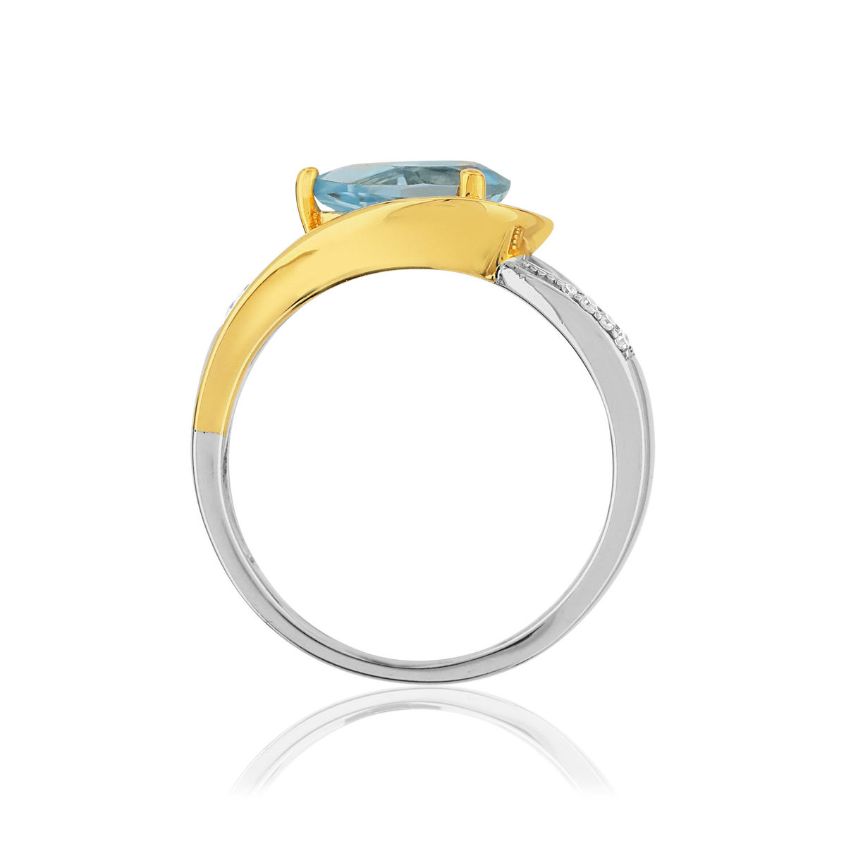 Ring van 375 goud met een behandelde blauwe topaas in peervorm en diamanten - afbeelding 2