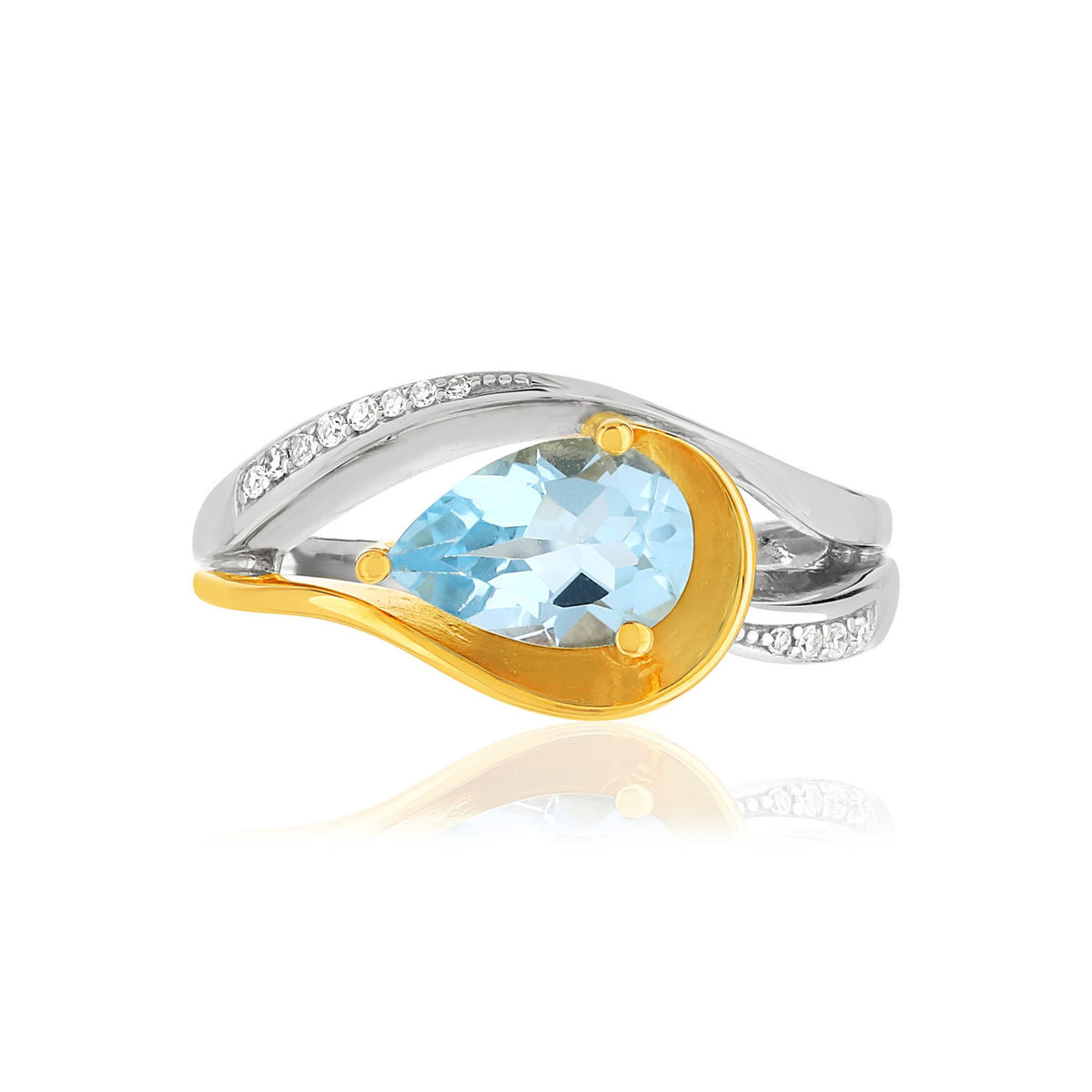 Ring van 375 goud met een behandelde blauwe topaas in peervorm en diamanten - afbeelding 3