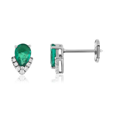Boucles d'oreilles or blanc 750 émeraudes diamants - vue 1