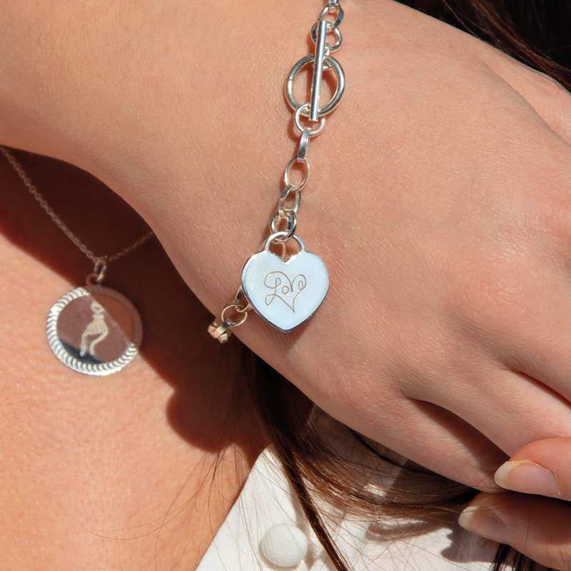 Bracelet argent 925 maille fantaisie pampille coeur 21 cm - vue porté 2
