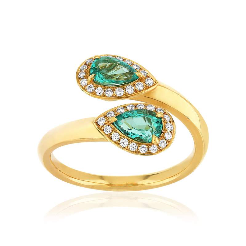 Bague or jaune 750 emeraudes diamants - vue 1