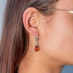 925 silver pear cut amber earrings - view worn 2