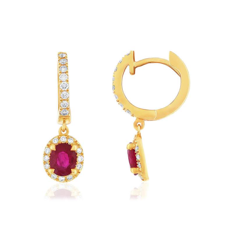 Boucles d'oreilles or jaune 750 rubis diamants - vue 1