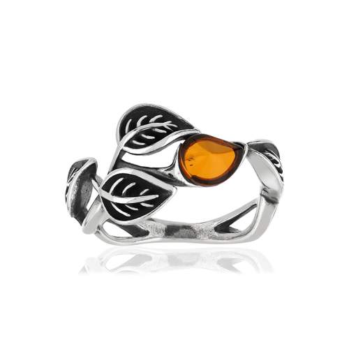 Bague argent 925 vieilli feuilles ambre