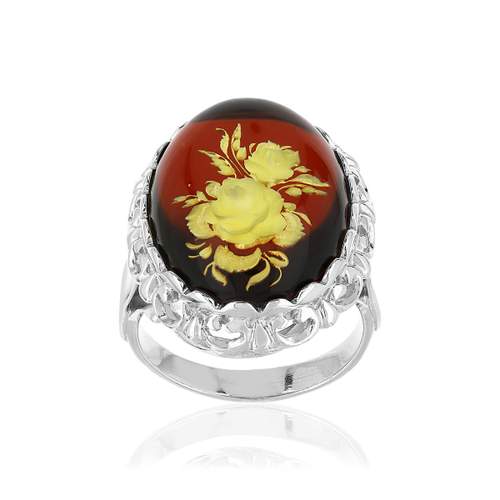 Silver ring 925 amber flowers