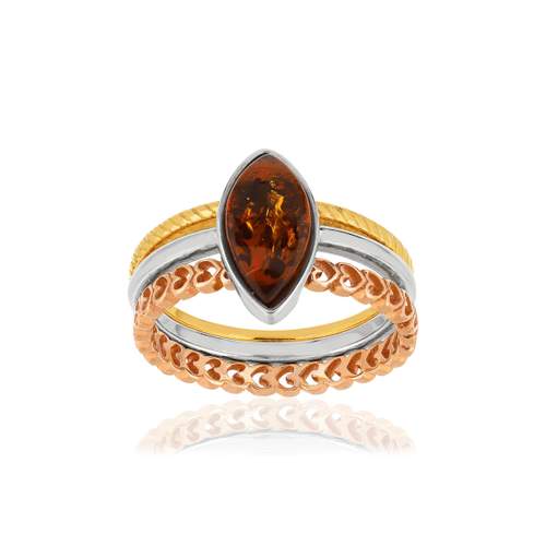 Bague argent 925 3 anneaux 3 tons ambre taille marquise