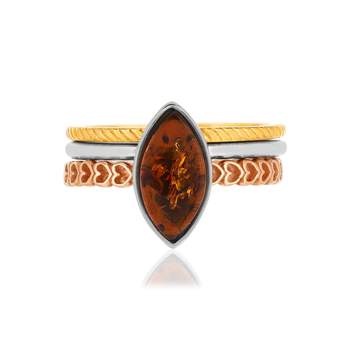 Bague argent 925 3 anneaux 3 tons ambre taille marquise