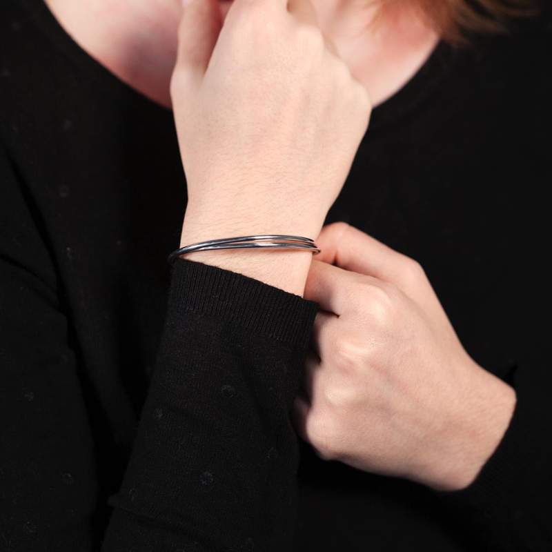 Bracelet jonc argent 925 ouvert double rang - vue porté 1